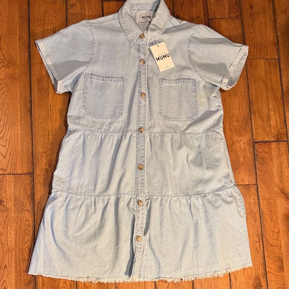 Show Me Your MuMu Light Blue Denim Tiered Mini Dress